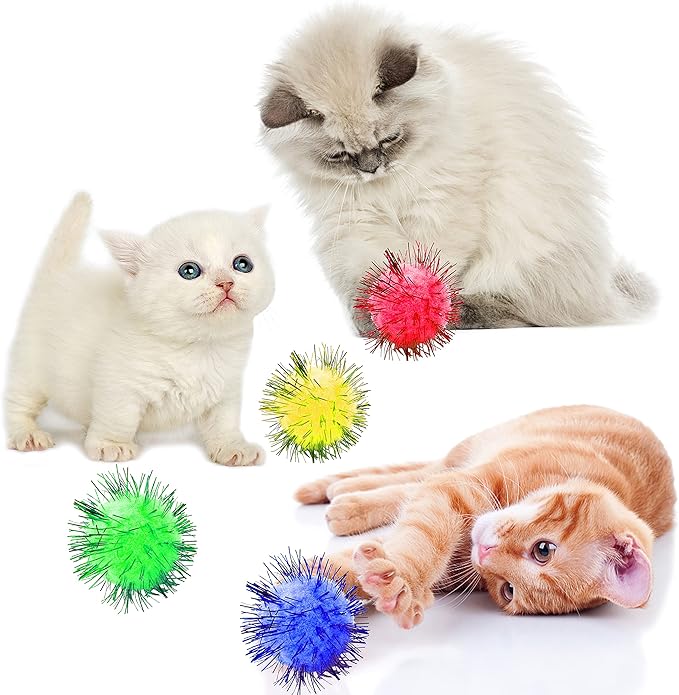 80 Pieces Cat Sparkle Balls Assorted Color 1 Inch Pom Poms Tinsel Cat Ball Toy Puff Balls Glitter Ball for Cats Kitten Toys for Indoor Cats and Crafts
