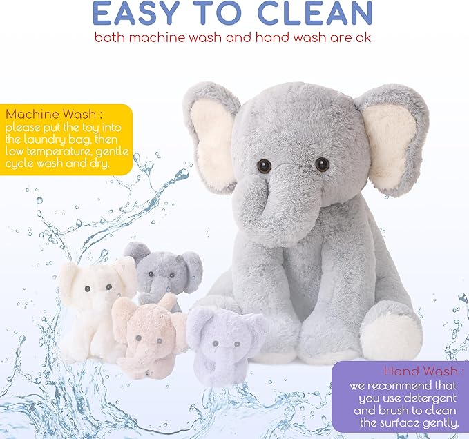 5 Pieces Elephant Stuffed Animals for Girls, 1 Mommy Elephant with 4 Babies Soft Plush Set Toys Gifts for Kids Children 3 4 5 6 7 8 9 Years, Christmas, Birthday, Children's Day