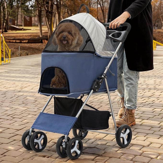 MoNiBloom 3 in 1 Foldable Pet Stroller for Small & Medium Dogs, Detachable Carrier, Car Seat, Push Button Entry, 4-Wheel Jogger for Pets up to 33 lbs, Navy Blue