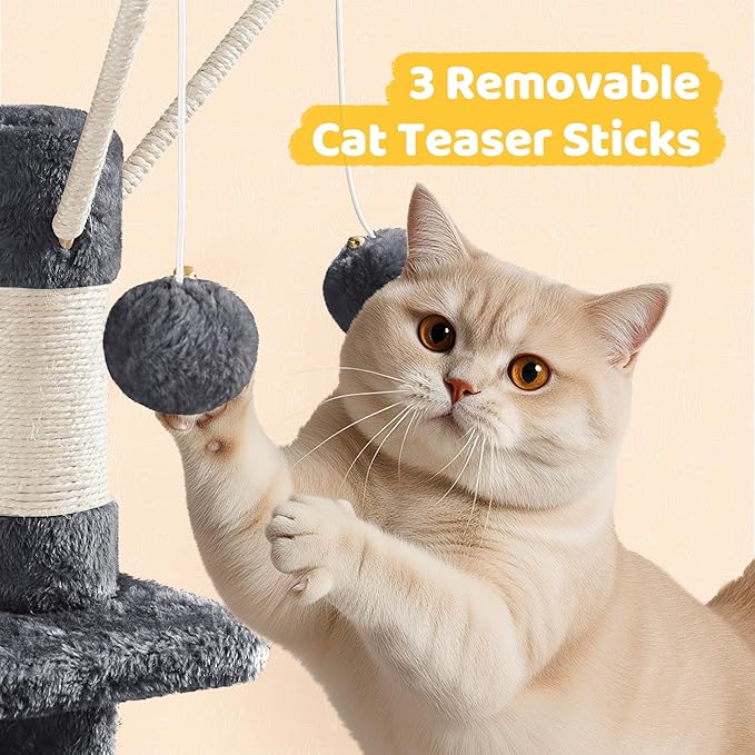 Yaheetech Cat Tree, 67in Large Tower w/ 3 Removable Teaser Sticks, 2 Kitten-Ear Shaped Perches, 2 Condos, Hammock, Scratching Post, Multi Level Pet House, Dark Gray