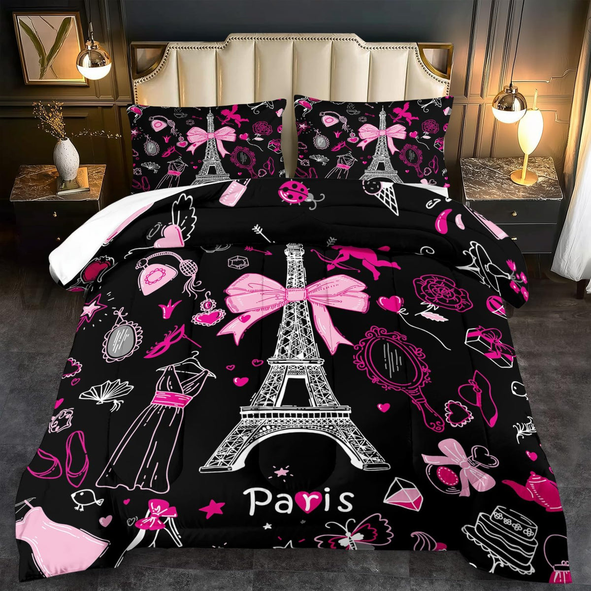 Eiffel Tower Comforter Set King Size,Eiffel Tower Bedding Set for Girls, Pink and Black Paris Themed Comforter Bedroom Decor,Paris Quilt French Style Romantic Bedding