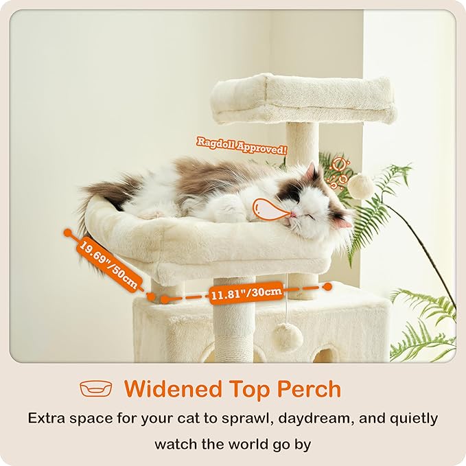 Ouritsu Cat Tree, 61 inch Tall Cat Tower for Large Cat Indoor, Enlarged Condo, 2 Padded Perches with 1 Widened, Large Hammock, Scratching Post and ramp, Fluffy Basket, Beige, LF002WH