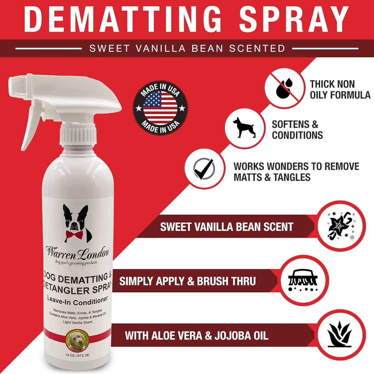 Warren London Dog Mat Remover Combo | Detangling Spray 16oz & Rake Brush | Tackles Tangles, Knots & Mats | 16oz Aloe & Jojoba Spray + Grooming Rake | $40 Value – Only $29.99