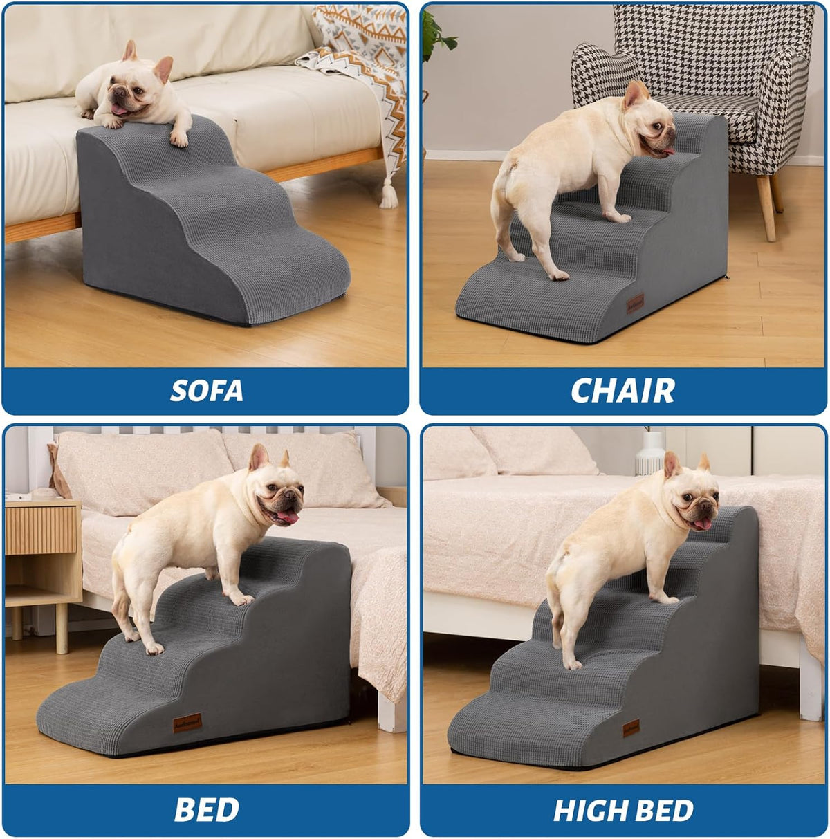5-Step Dog Stairs and Ramp for High Bed, Non-Slip Sturdy Pet Steps for Small Dogs and Cats,22.2" H,Grey