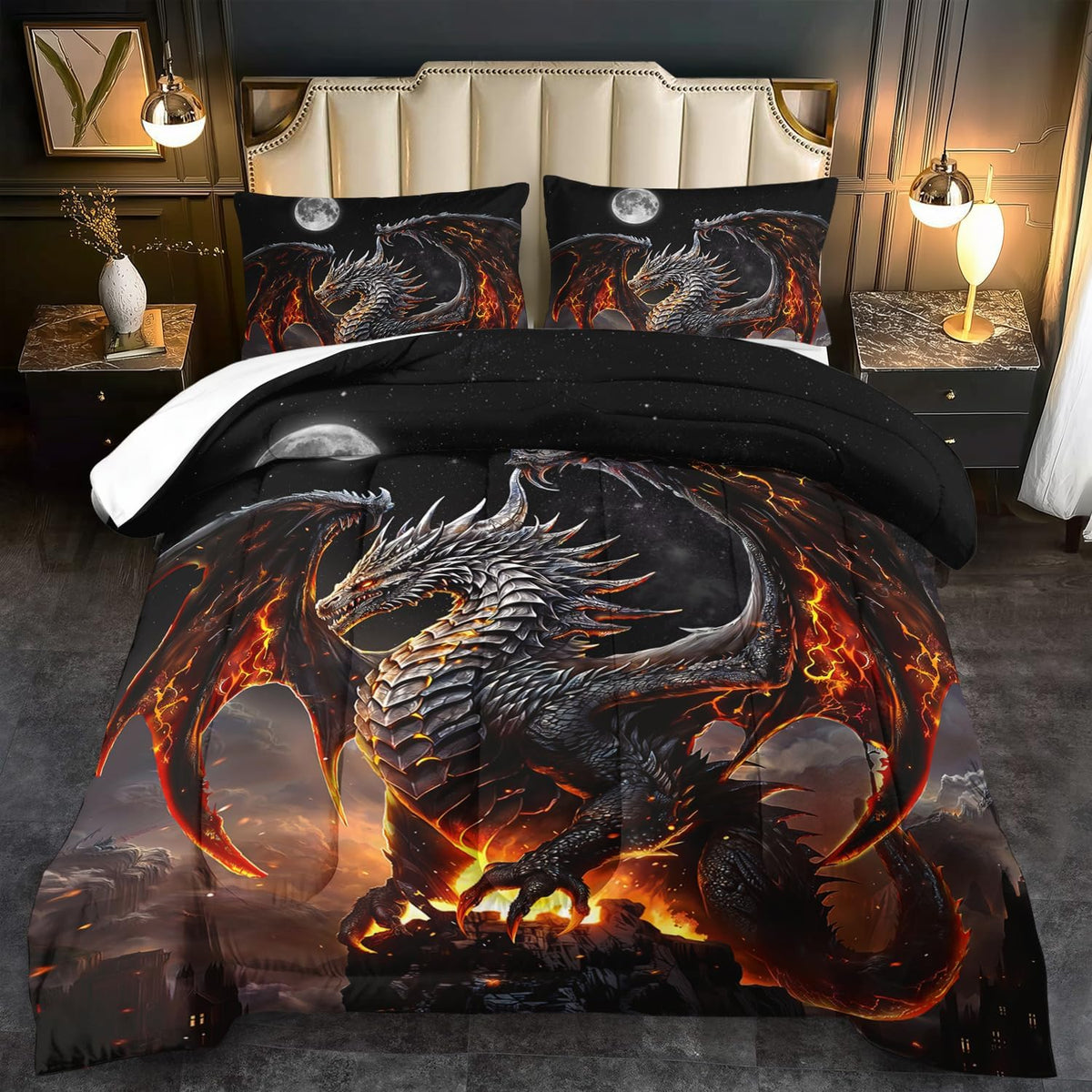 Black Dragon Comforter Set Twin Adult,Flame Dragon Bedding Set for Boys,Magical Beast Bedding Fantasy Animal Comforter Beedroom Decor,Magical Beast Quilt Bed Decor