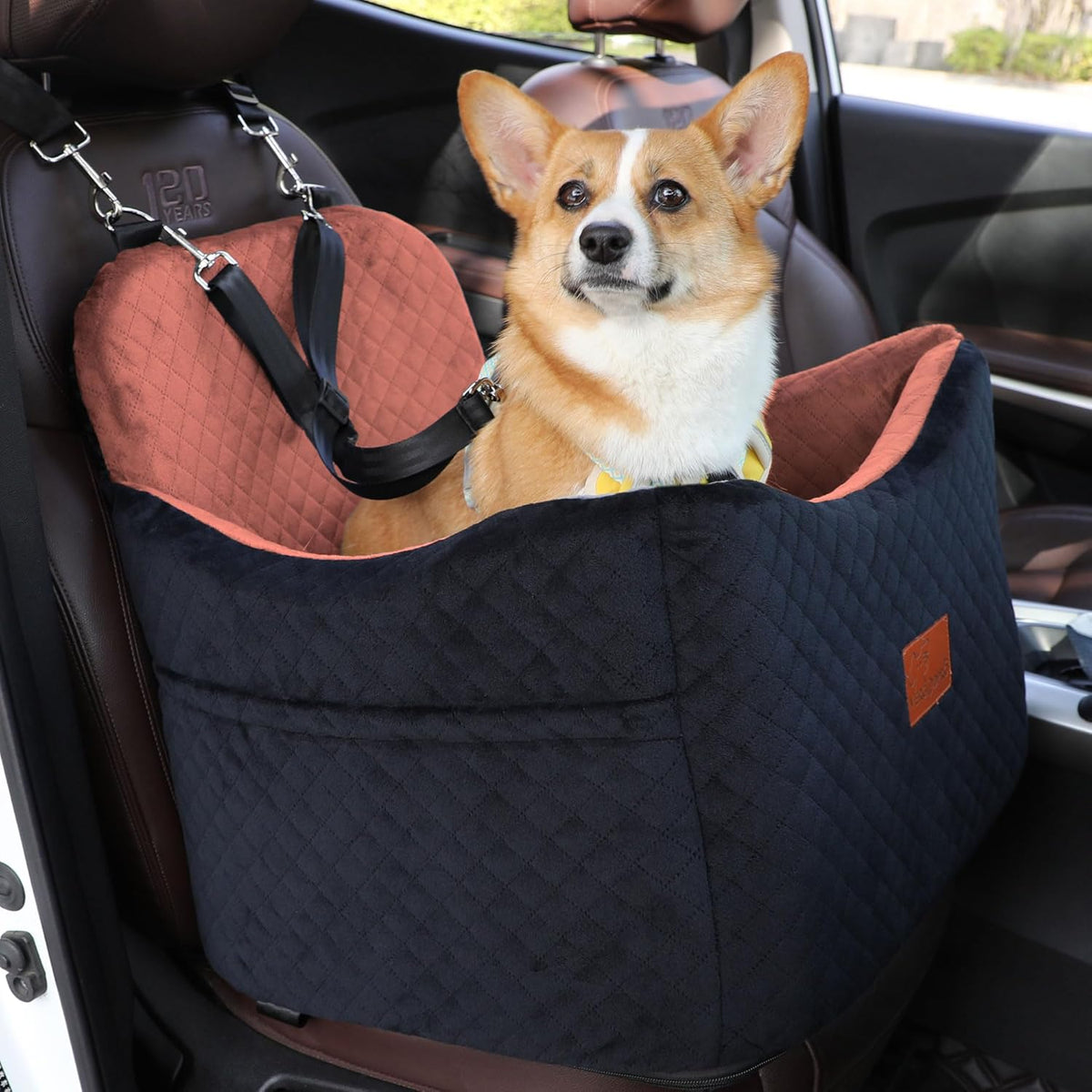 Dog Car Seat for Small/Medium Dogs,Pet Booster Seat with Harness,Memory Foam and Velvet,Safety Comfy Car Travel Pets Carrier,Interior Elevate,Washable and Detachable,Storage Pocket.(H-Black/Brown)