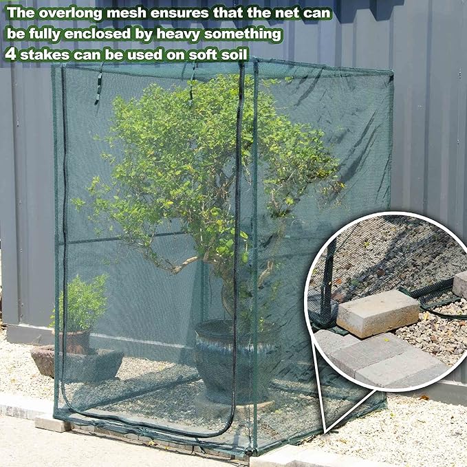 Portable 4'x4' Large 6FT Tall Plant Netting Cover Crop Cages Pest Guard Cover for Vegetables and Fruits Plant Durable Gardening Net with 4 Stakes