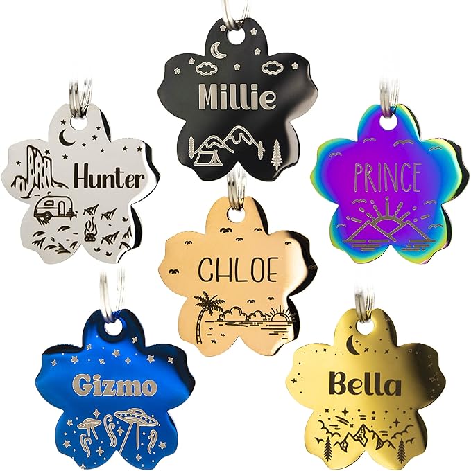 Personalized Dog Tag with 5 Lines of Custom Deep Engraved Durable Stainless Steel Pet ID Name Tag Designer Small Size Flower