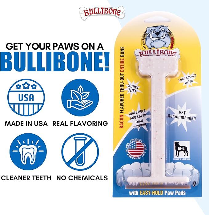 Bullibone Nylon Dog Chew Toy for Aggressive Chewers - Dental Hygiene Bone with Bacon Flavor, Durable Tough Chew Toys for Large Dogs, Indestructible Dog Bone - 3 Pack