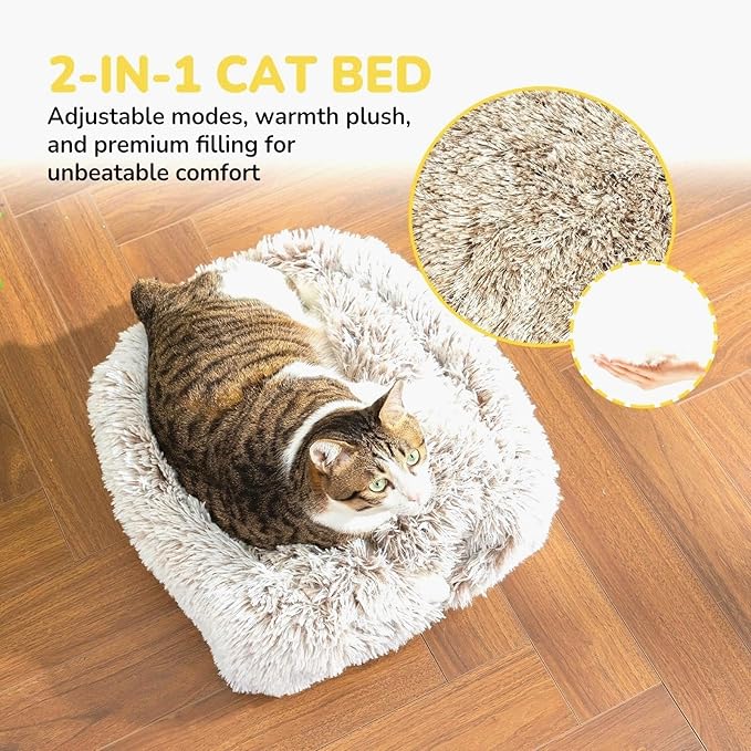 CATISM Cat Bed, Cat Cave for Indoor Cats, Soft Cat Dome, Self-Warming 2 in 1 Foldable Pet Cat House with Washable Cushioned Pillow Calming Fluffy Dog Beds for Small Dogs with Anti-Slip Bottom Brown