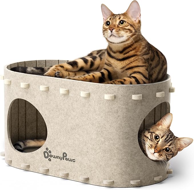 DownyPaws Cat House for Indoor Cats, Cat Bed Cave for Multiple & Large Cats Up to 22 Lbs, Scratch Resistant, Foldable Peekaboo Kitten Caves Tunnel Enclosed Bed, PeekaPurr, Cream
