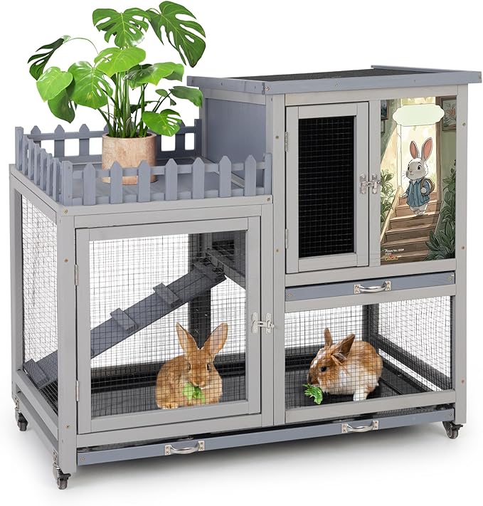 COZIWOW Double Layers Durable 38In Rabbit Hutch Indoor on Wheels, Small Animal Houses Habitat, Rolling Large Bunny Cage Outdoor with Removable Tray, Ramp, Two Story Bunny Cage（Grey with Pattern）