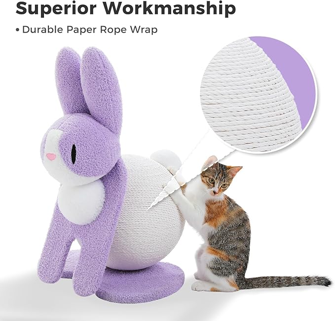 Cute Cat Scratching Post- Bunny Style, Cat Scratcher Toy with Paper Rope, Extra Large Cat Scratch Ball (Ø11.8) for Indoor Kitten, Rabbit Scratch Ball for Kitty to Climb & Play, Purple