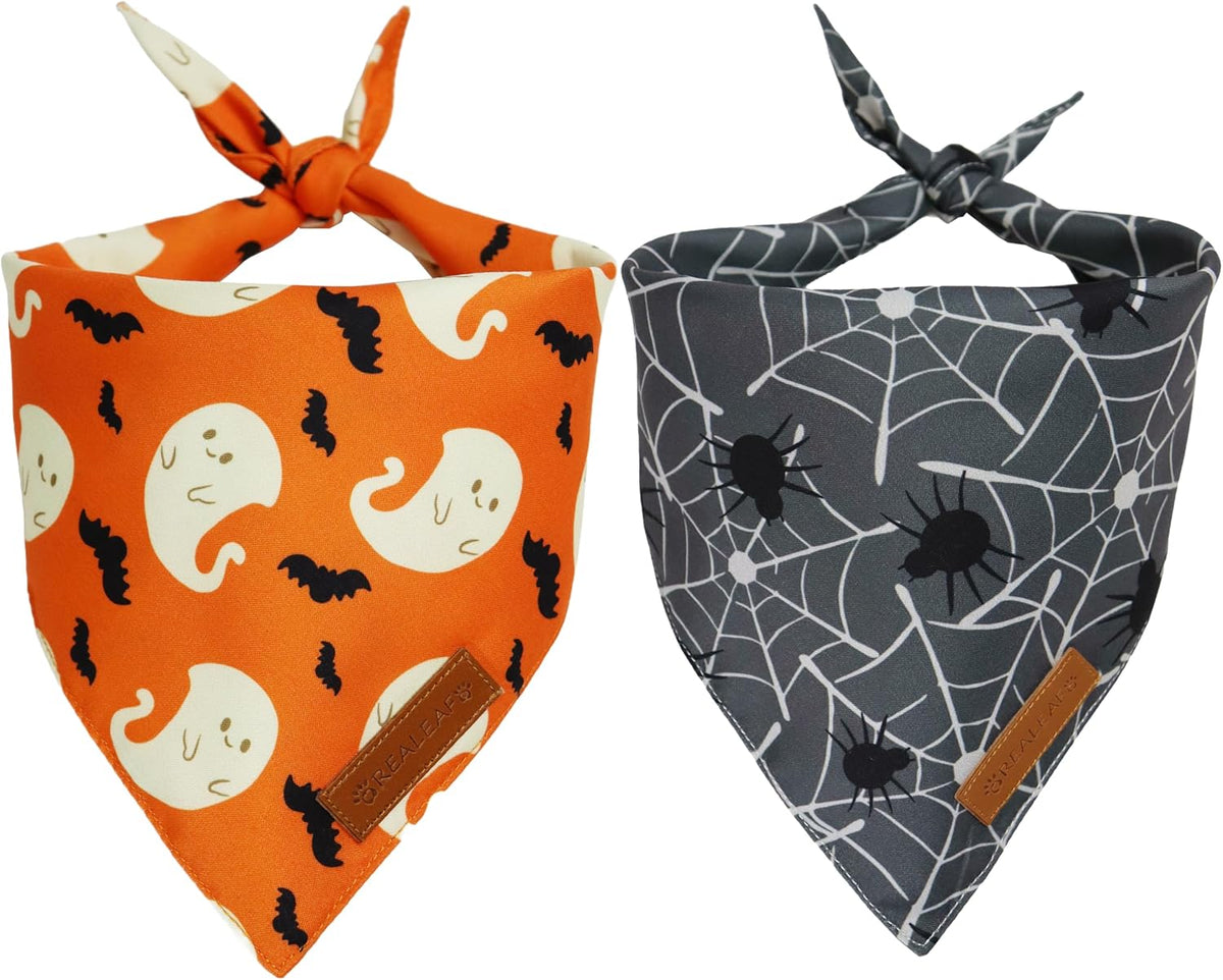 Realeaf Halloween Dog Bandanas 2 Pack, Spider Web Ghosts Bibs, Triangle Reversible Fall Pet Scarf, Premium Durable Fabric, Adjustable Fit (Halloween, Large)