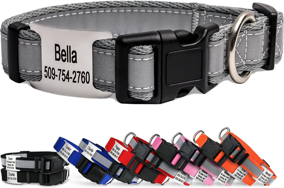 GoTags Reflective Personalized Dog Collar with Nameplate, Adjustable Dog Collar with Custom Engraved Steel Slide On Pet ID Tag, Silent, No Noise Dog Tag for Large Medium or Small (Light Gray, Medium)