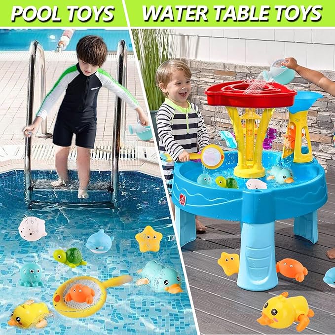 Bath Toys for Babies 6-12+ Months, Wind-up Ducks Bath Toys for Kids Ages 1-3, No Hole Baby Bath Toy Ocean Animal Floating Pool Toys for Toddlers, Water Toys Fishing Net Watering Can