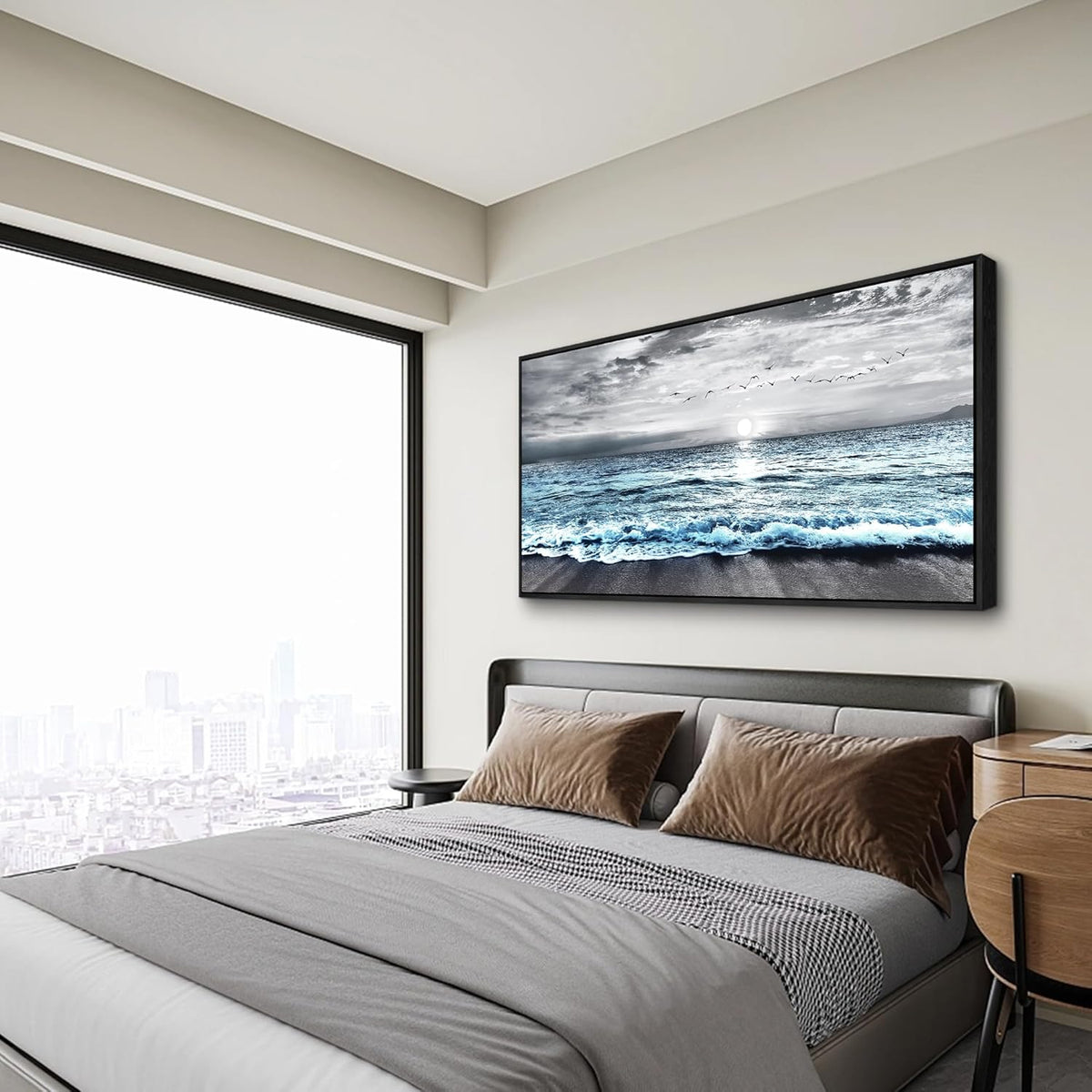 Wapluam Large Black Framed Wall Art For Living Room Wall Decorations For Bedroom Office Wall Decor Black And White Wall Painting Blue Sea Wave Pictures Artwork For Modern Beach Canvas Prints Poster