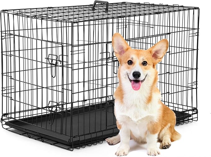 BestPet | Dog Crate | 30" | Black | Foldable Metal Kennel with Double Doors, Secure Slide-Bolt Latches, Leakproof Tray | Portable Dog Cage for Small Breeds | for Travel, Indoor & Outdoor Use
