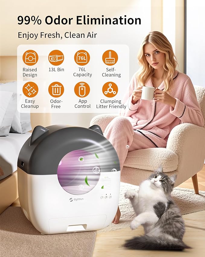 Self Cleaning Litter Box,76L Automatic Cat Litter Box Self Cleaning with APP Control,Low Noise,Safety Protection,Roll Garbage Bags,Deodorizer and Cleaning Brush for Multiple Cats