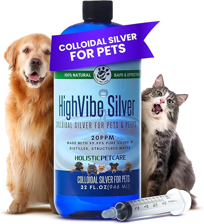 Colloidal Silver for Dogs & Cat Wound Care, Immune Support & Skin Solution - All Pet Health Care for Itch, Sores, Wounds, Hotspots & More with Syringe (32 oz)