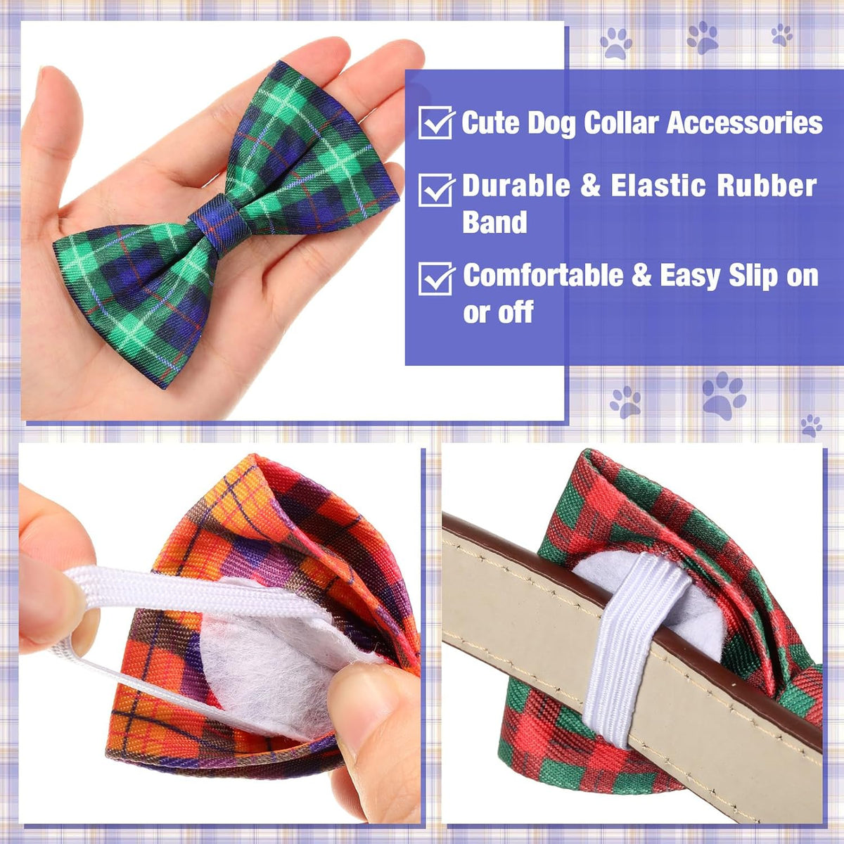 Reginary 50 Pieces Dog Bow Ties Pet Collar Bow Puppy Collar Attachment with Rubber Bands for Small Medium Cat Pet Grooming Charms Accessories Wedding Birthday Occasion(Plaid Style)