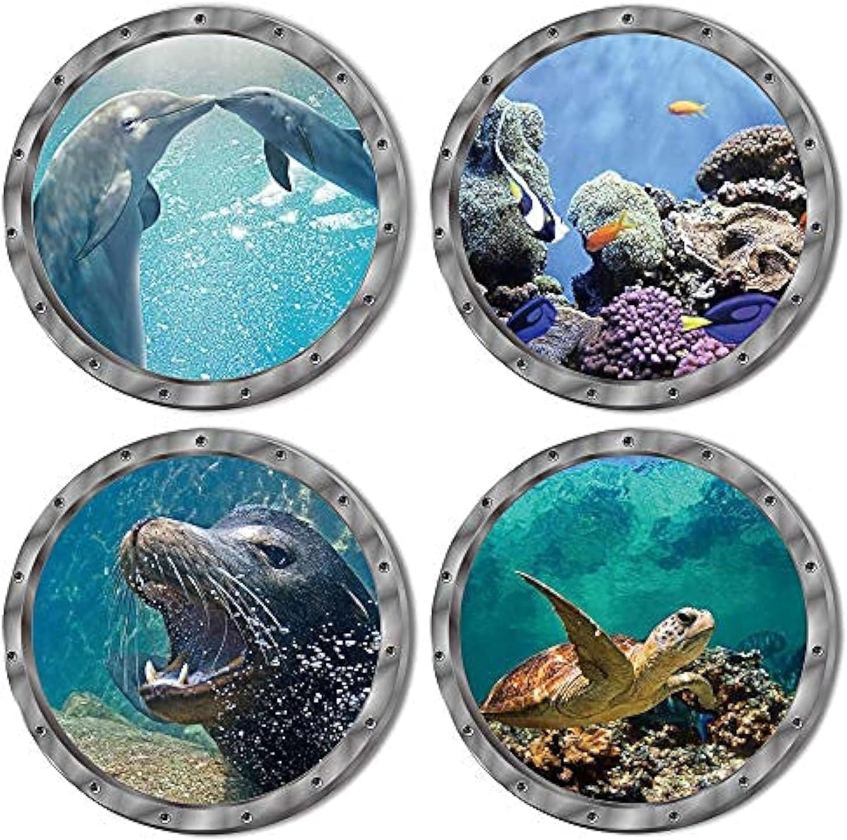 4 PCS Removable 3D Under The Sea Nature Scenery Wall Decals - Animals Wall Sticker Home Wall Art Decor for Bathroom Bedroom Door Kids Baby Nursery Room - Includes Turtles, Dolphins, Sea Lions, Coral