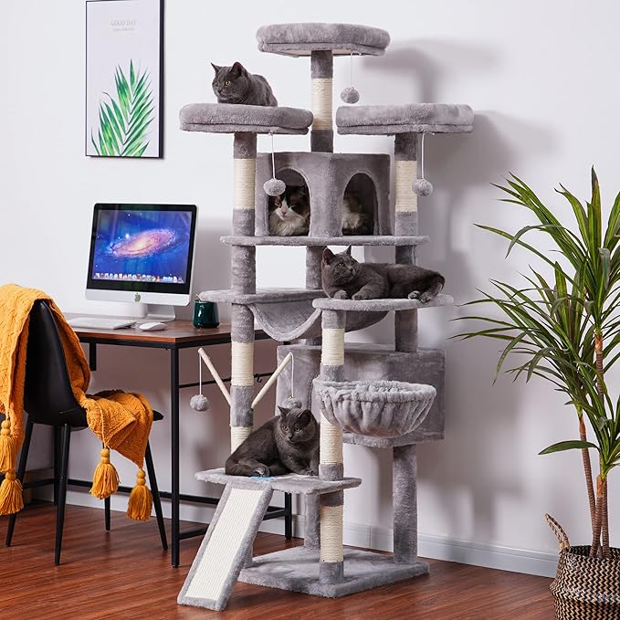 Hey-brother Cat Tree, 71 inches XL Large Cat Tower for Indoor Cats, Multi-Level Cat House with 3 Padded Perches, Big Scratcher, Cozy Basket, 2 Cat Condos and Scratching Posts, Light Gray MPJ034W
