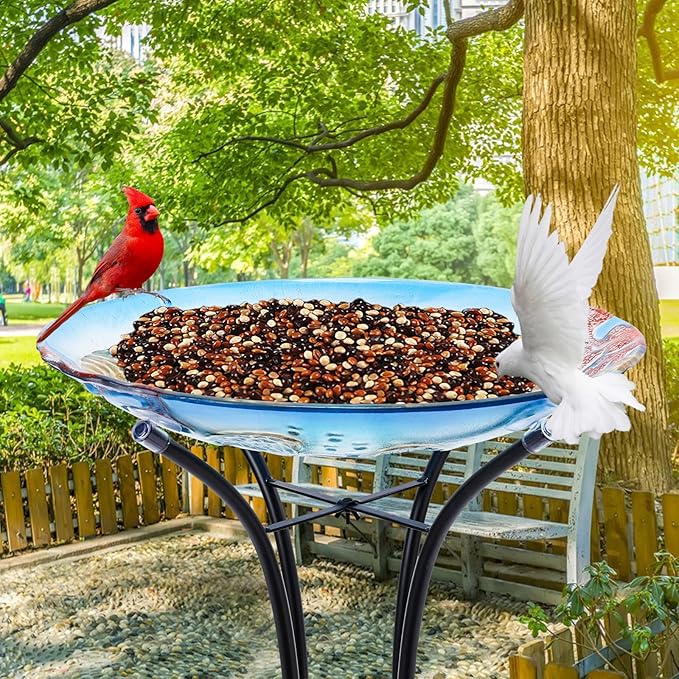 MUMTOP Bird Baths for Outdoors, Sea Turtle Glass Large Bird Bath Bowl with Metal Stand, Bird Feeders for Outside and Garden, Patio,Lawn Decor (Blue)