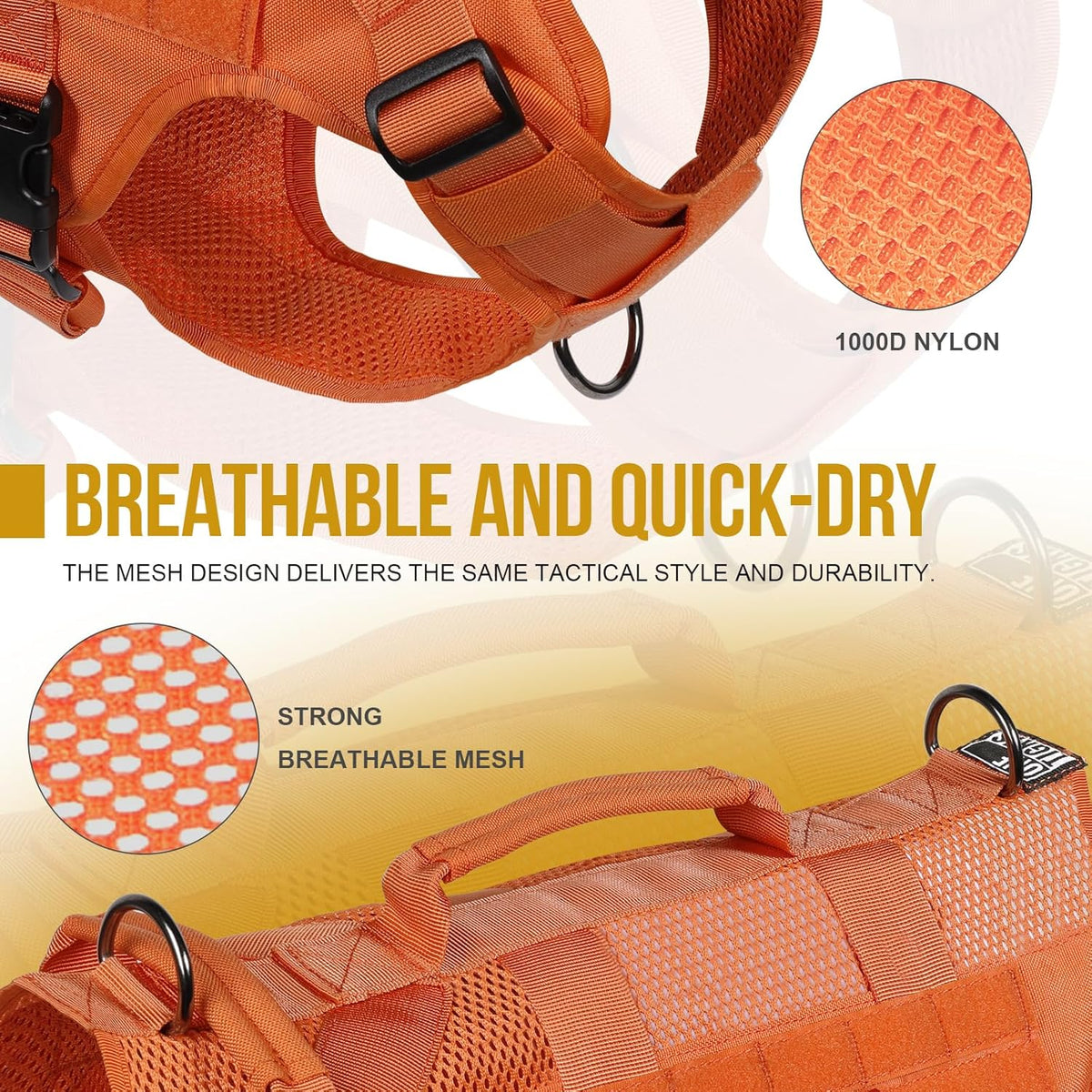 OneTigris Tactical Dog Harness for Small Dogs, No Pull Small Dog Vest Harness Breathable Military Dogs Molle Vests with Handles, Harness for Walking Hiking Training (Orange, XS)