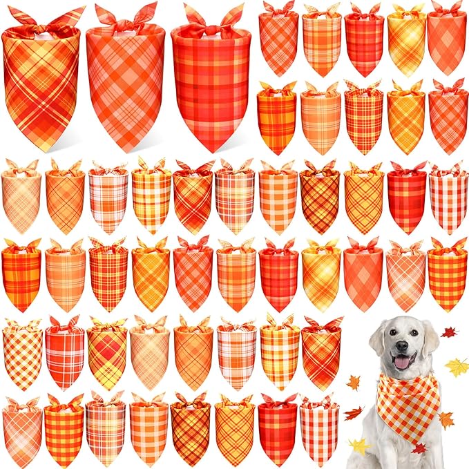Abbylike 50 Pcs Fall Plaid Dog Bandanas Bulk Autumn Bandanas for Dogs Triangle Kerchief Bibs Scarf for Small Medium Large Pets Thanksgiving Costume Accessories, 25 Styles (25.6 x 17.7 x 17.7 Inch)
