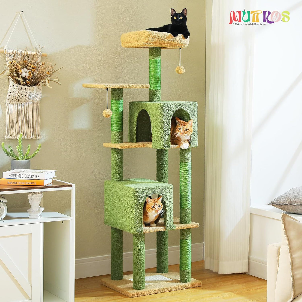 Cactus Cat Tree, 62-Inch Tall Multi-Level Cat Tower with Scratching Posts, Cat Condos for Large Indoor Cats, Plush Cat Bed w/Padded Perches, Scratching Pad & 2 Green Pompoms, Green