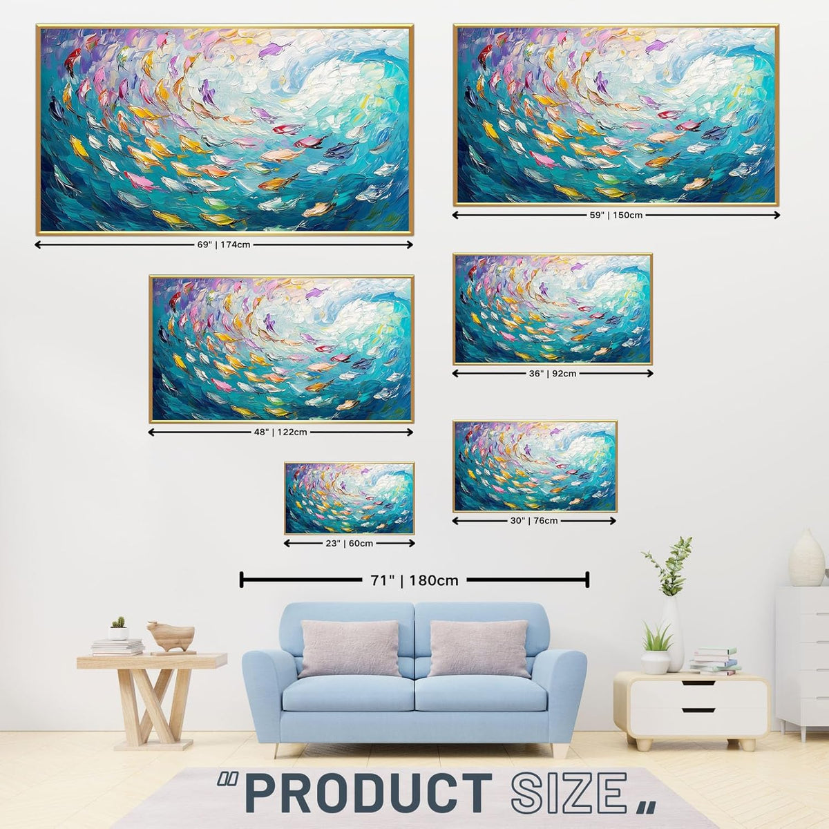 Fish Canvas Wall Art, Abstract School of Fish Canvas Wall Art, School of Fish Painting Canvas, School of Fish Wall Art, Fish Wall Decor, Fish Pictures Wall Decor, Bedroom Canvas Wall Decor (Gold Framed, 48"x27" | 122x68cm)