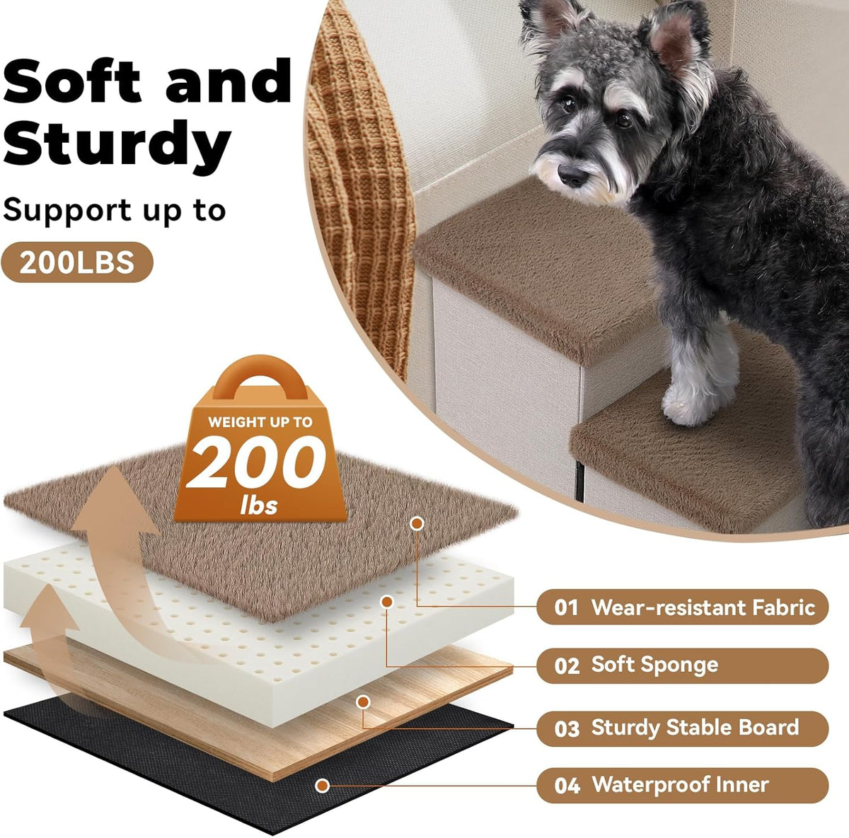 Dog Stairs with Furry Lids 18" H, 3-Step Wider Dog Steps with Storage for Small/Medium/Large Old Dogs Cats, Folding Sturdy Pet Stairs Climbing Bed Couch, Ramp for Car Up to 200 lbs, Khaki