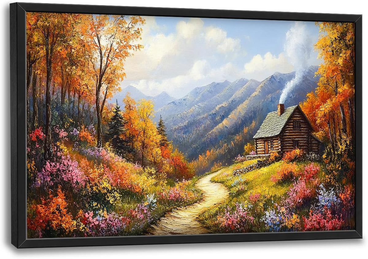 Framed Large Autumn Mountain Wall Art for Living Room, Oversized Wildflower Tree Wall Decor Nature Landscape Canvas Painting Modern Artwork Home Decoration for Living Room Bedroom 36"x24"