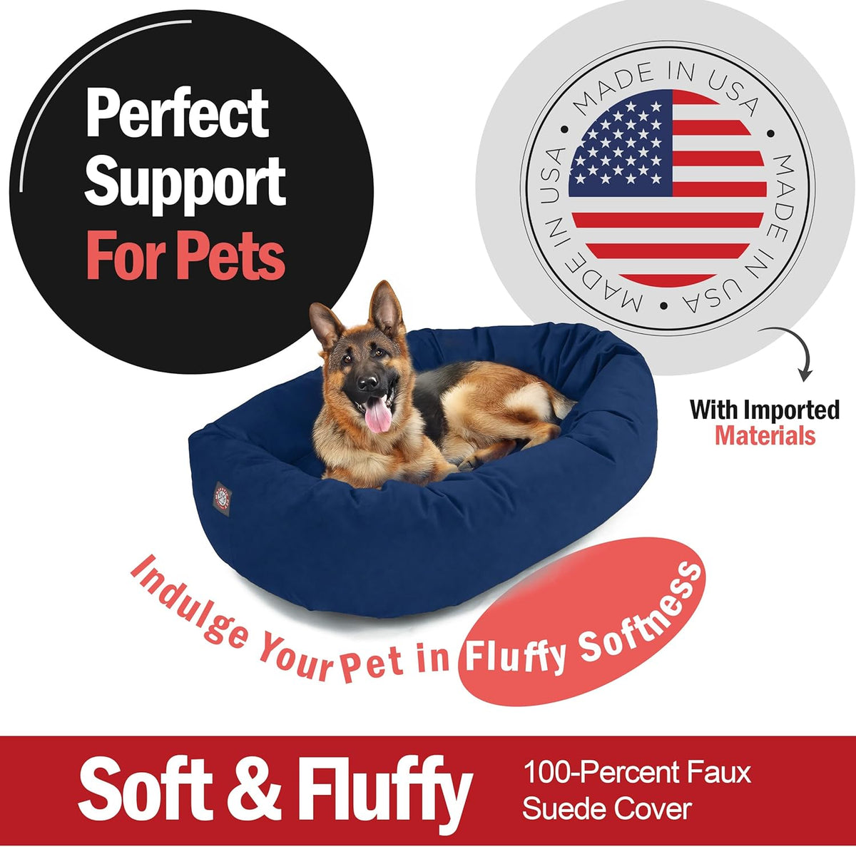Majestic Pet 52 Inch Suede Shredded Memory Foam Mix Calming Extra Large Dog Bed Washable 52 x 35 x 11 (Inch) - Cozy Soft Round Dog Bed with Spine for Head Support - Pet Bed Navy