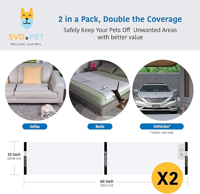 SVD.PET (2-Pack Pet Training Mat with Tester, Shock Pad for Dogs Cats, Electronic Repellent mat for Indoor, 3 Training Modes, 5 Levels, Pet Safe Mode (White controler 60" X 12")
