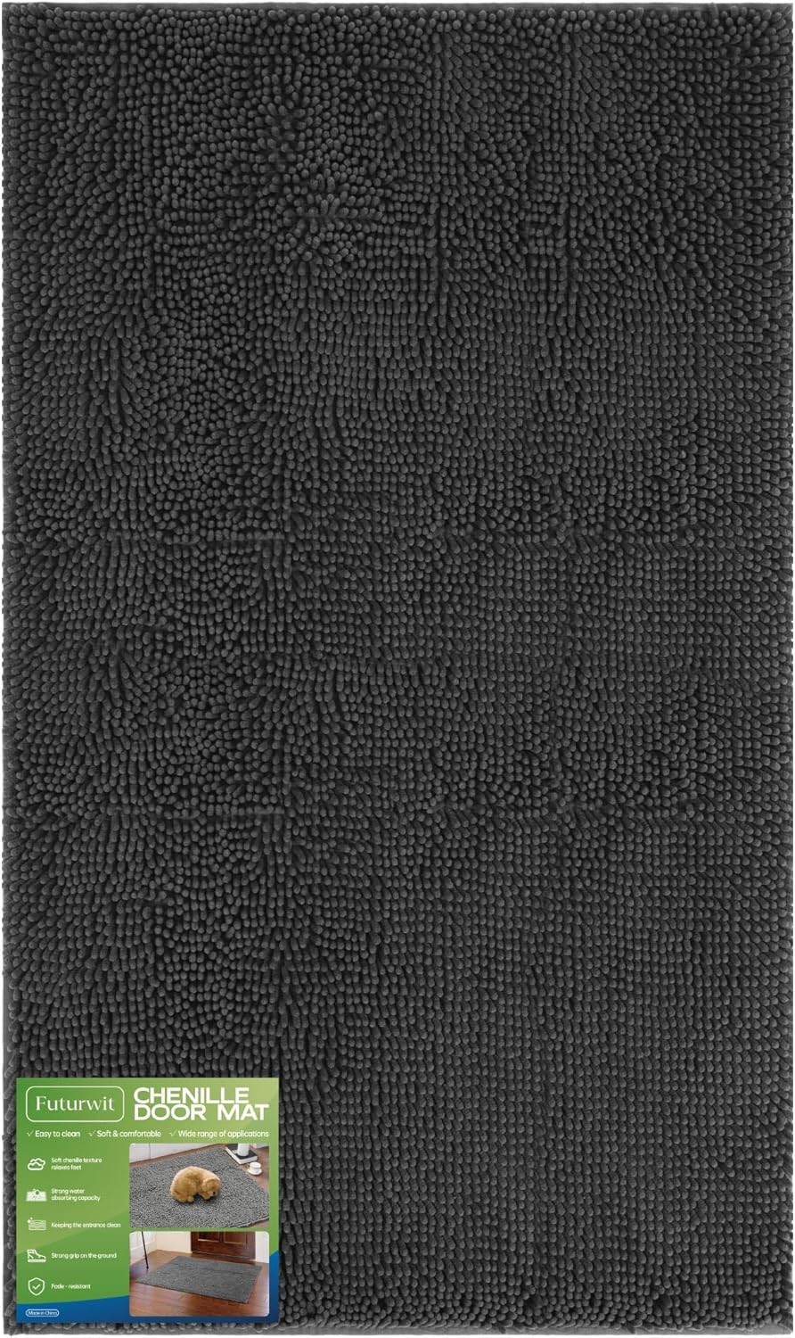 Dog Door Mat for Muddy Paws, 60" x 36" Chenille Absorbent Front Door Mat Inside, Large Runner Mud Mat for Dogs, Trap Dirt Washable Non Slip Outdoor Indoor Entrance Doormats, Grey