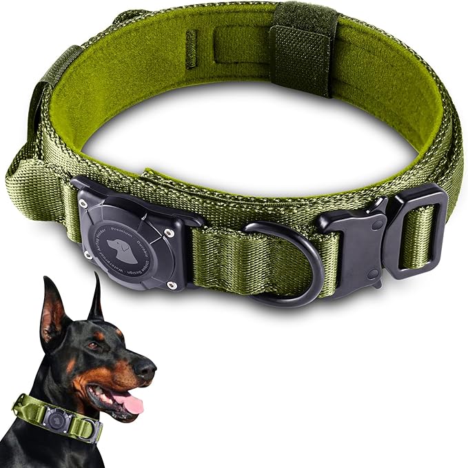 2025 Upgrade Waterproof AirTag Dog Collar, Military Tactical Dog Collar with AirTag Holder, Comfortable Control Handle and Metal Buckle, GPS Dog Collar Holder for Medium to Large Dogs (ArmyGreen, M)
