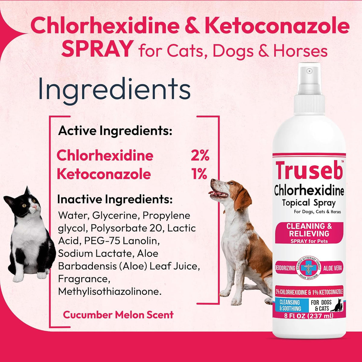 Truseb Topical Ketoconazole and Chlorhexidine Spray for Dogs, Cats, and Horses with Aloe - 8 oz (Ketoconazole & Chlorhexidine Spray, 8 oz)