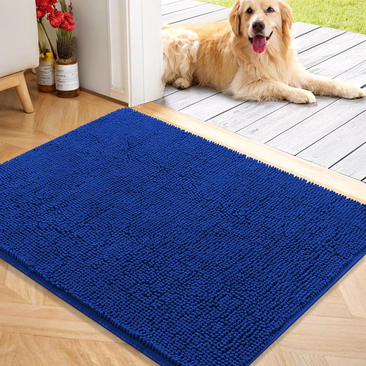 OLANLY Dog Door Mat for Muddy Paws 40x32, Absorbs Moisture and Dirt, Absorbent Non-Slip Washable Doormat, Quick Dry Chenille Mud Mat for Dogs, Entry Indoor Entryway Carpet for Inside Floor, Royal Blue