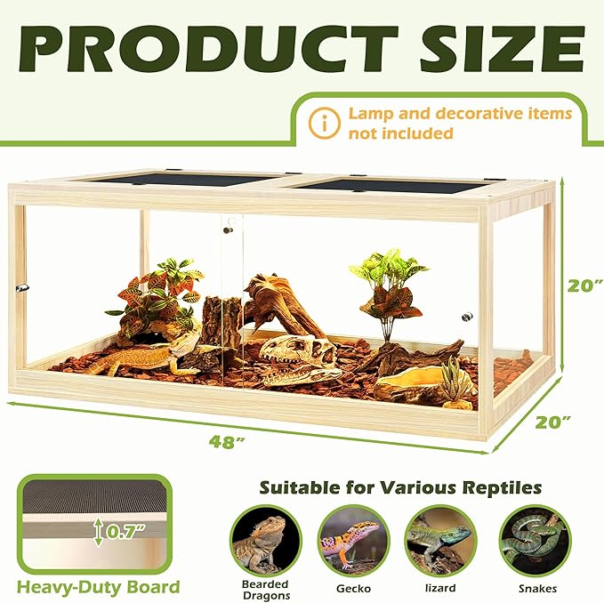 Tempered Glass Bearded Dragon Tank 81 Gallon, Lizard Tank, Reptile Tank with Metal Mesh Roof Door, Snake Tank with Lock Design, 48" Long, Oak