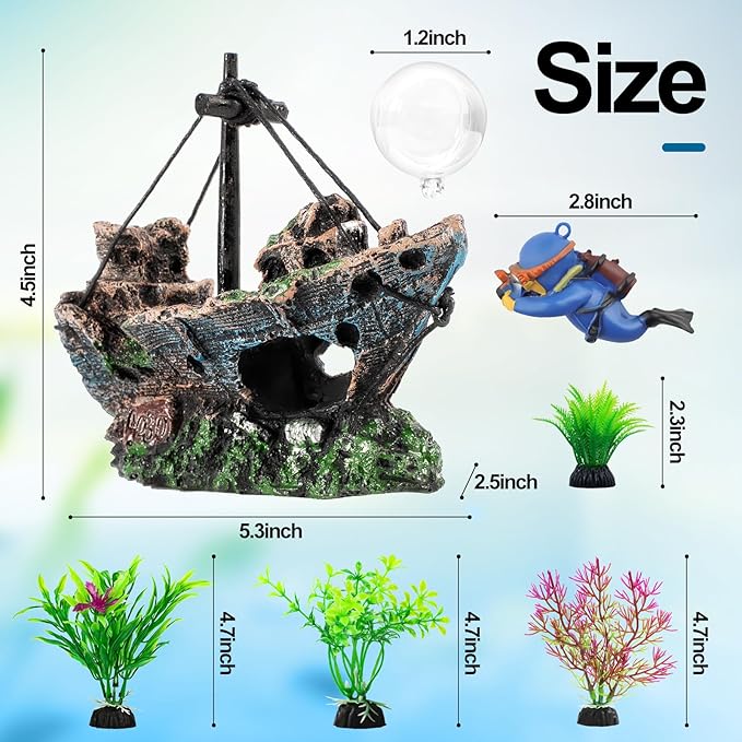 6 Pcs Aquarium Decor Set Shipwreck Decoration Little Diver Floating Fish Tank Decoration Fish Tank Plants