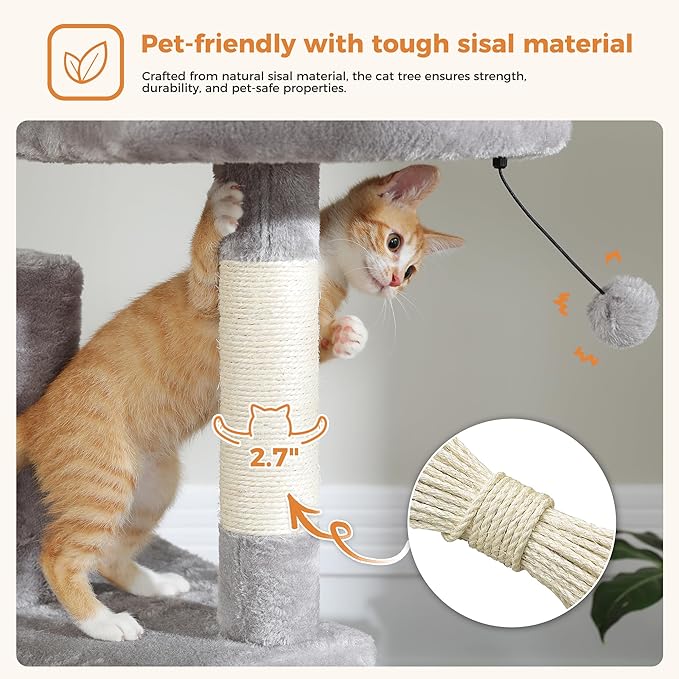 PAWZ Road 70 Inch Cat Tower, Tall Cat Tree with 2 Cozy Condos, 2 Plush Perch, Large Basket, 2 Scraching Pad & 6 Scraching Posts for Indoor Cats Large Adult, Gray