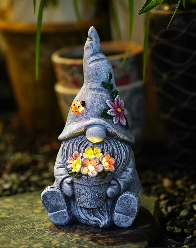 Goodeco Sitting Gnome Holding Flower Statue - Solar Garden Gnomes Decor for Outside with LED Lights, for Women or Moms, Housewarming Gnome Decorations