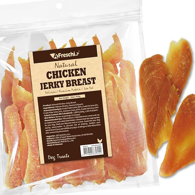 AFreschi Natural Chicken Breast Jerky 16 oz, Dog Treats, All Natural, Grain-Free, High-Protein, Low Fat, Healthy & Easily Digestible