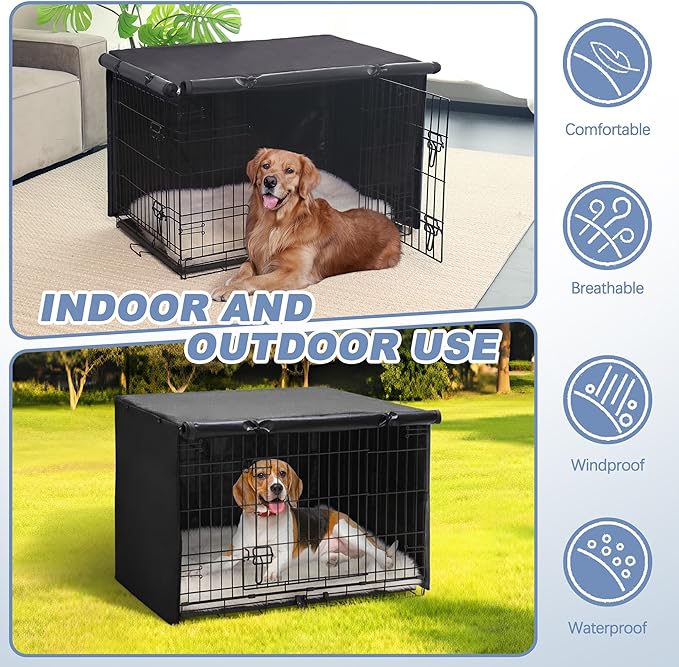 Akinerri Dog Crate Cover - Double Door Waterproof Kennel Cover, Durable 600D Polyester, Black, Fits 42 Inch Dog Crate