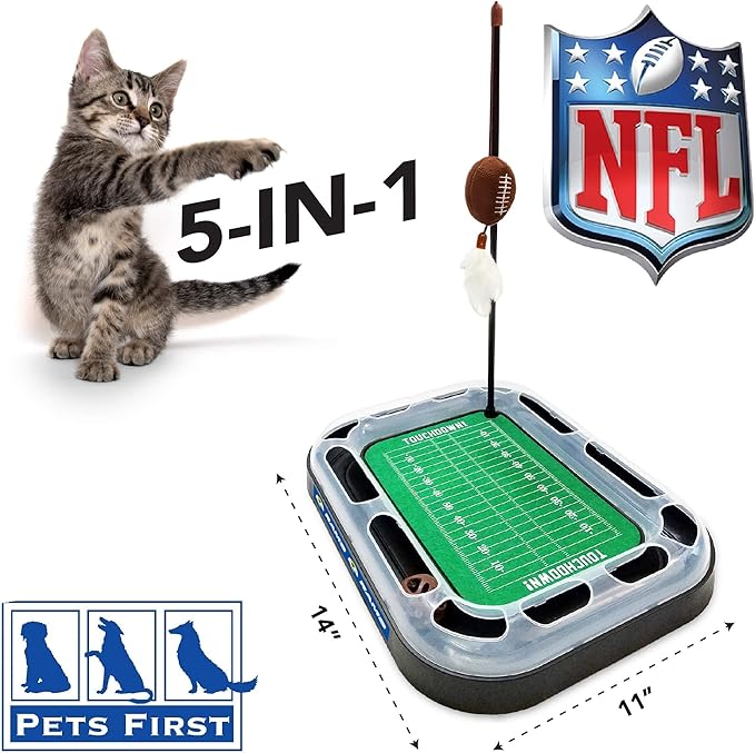 Pets First Cat Ball Track Toy Los Angeles RAMS Football Field CAT Scratcher Toy with Catnip Filled Plush Football Toy&Feather Cat Toy Hanging, Jingle Bell Interactive Ball Cat Chasing 5-in-1 Kitty Toy