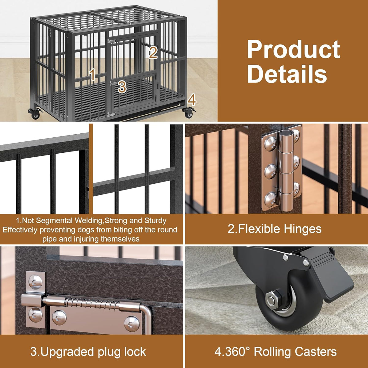 Polar Aurora Heavy Duty Dog Crate, Foldable Indestructible Dog Kennel, Escape Proof Extra Large Dog Cage with Lockable Wheels, High Anxiety Pet Playpen with Double Door for Indoor/Outdoor Use. (38in)