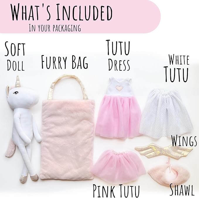 Perfectto Design Ballerina Unicorn Doll Stuffed Animal for Girls - Plush Toy Doll Set, Bag, Tutu Cloths, Wings - Play Set for 3 4 5 Year Old Girl Gift for Little Girl, Birthday, Christmas Age 3-9