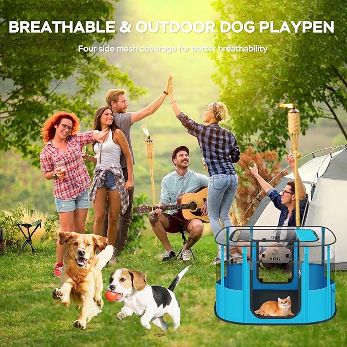 Portable Pet Playpen with Waterproof pad,Collapsible Crates Kennel Playpen for Dog cat and Rabbit &Travel playpen Outdoor or Indoor (Large（35.4" L x 27.6" W x 23.6" H）, Clear Blue)